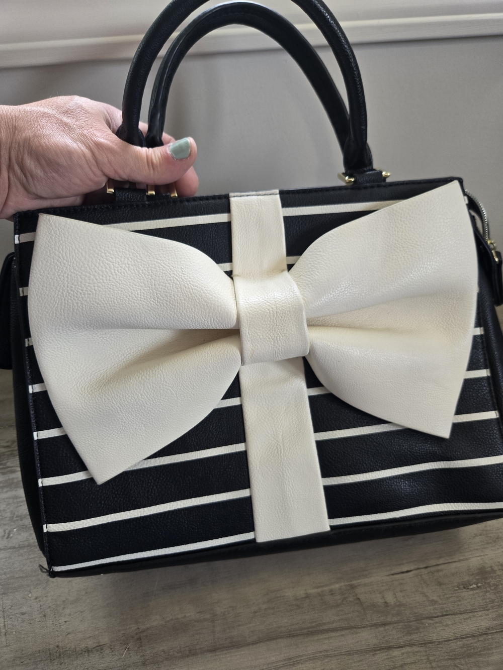 Betsey Johnson Black and Cream Striped Satchel with Large Bow